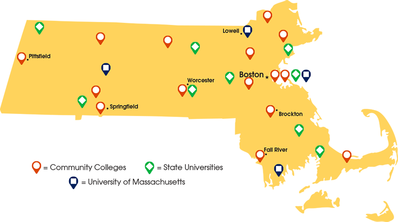 Map of Massachusetts showing community colleges, state universities, and umass campuses